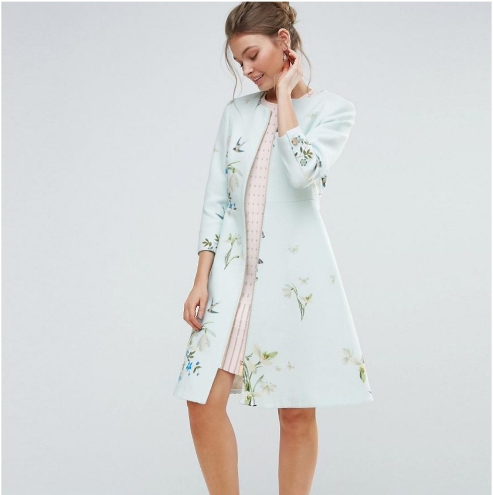 Ted Baker Racheel Coat Dress Baby Blue Floral Print Knee Length Zipper US size6